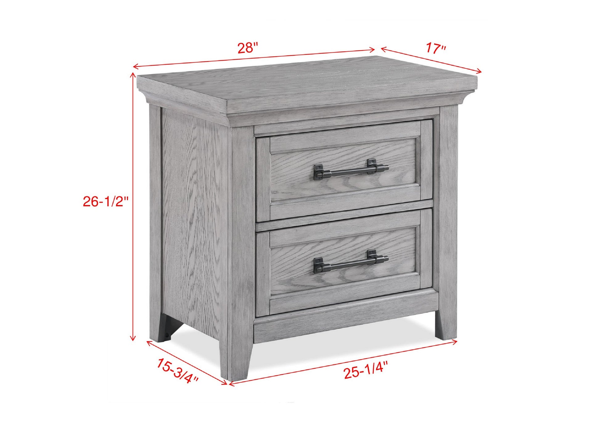 Weathered gray wood nightstand with two drawers and dark metal hardware