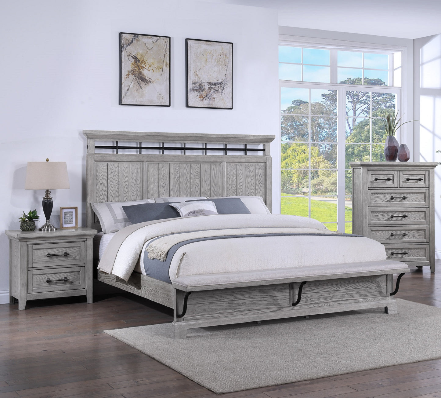 Gray wood king size bed with upholstered bench