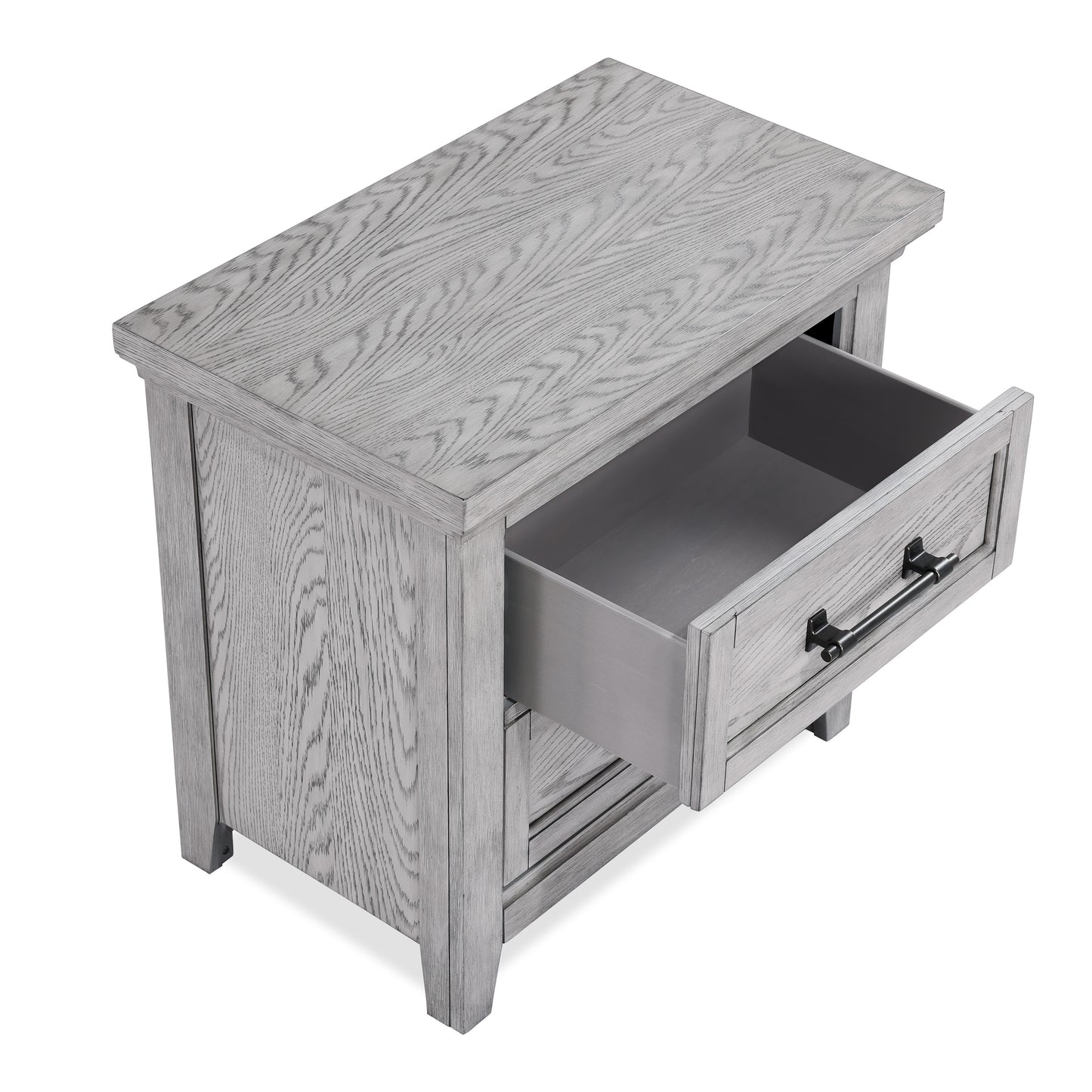 Gray oak wood nightstand with one open drawer and black hardware