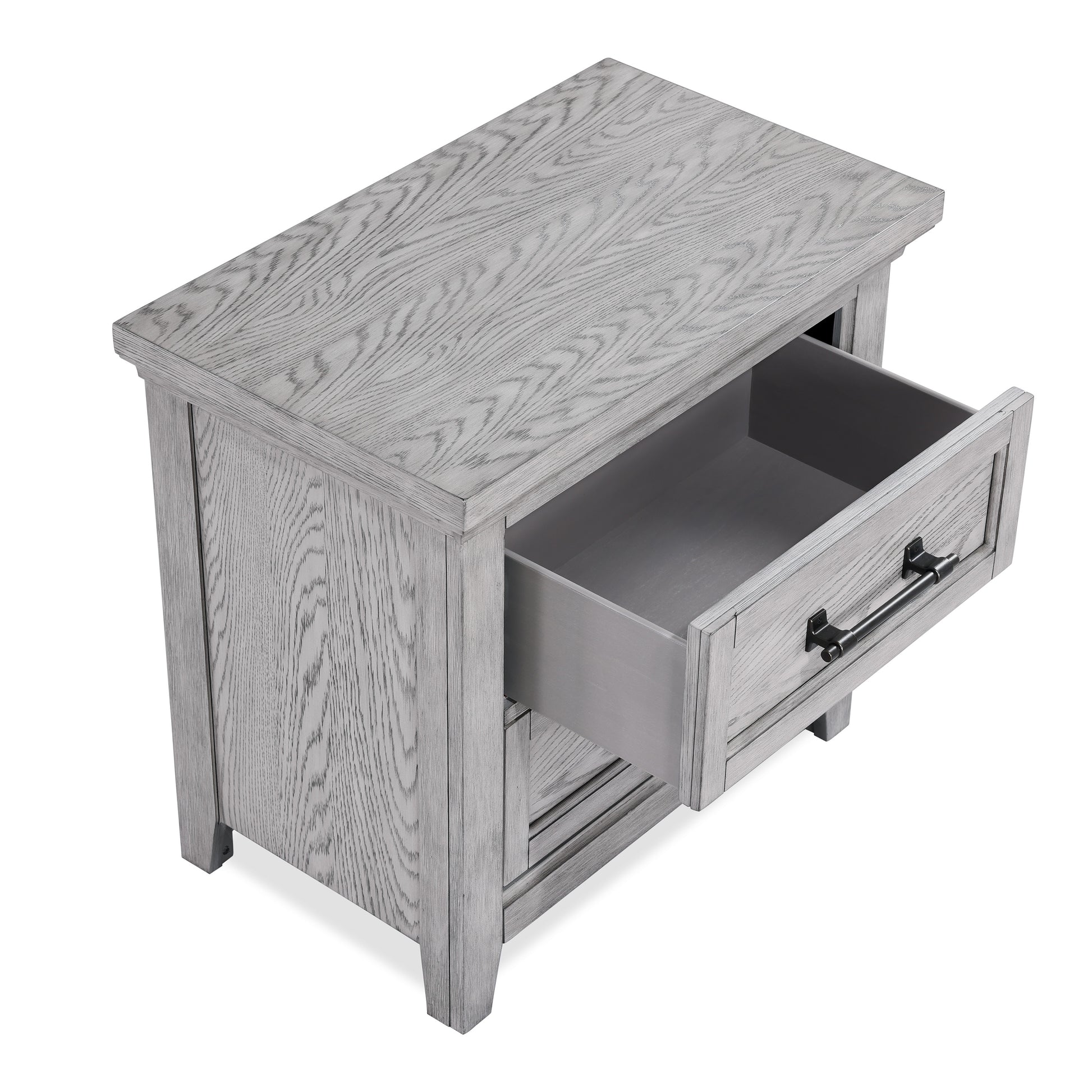 Gray oak wood nightstand with one open drawer and black hardware