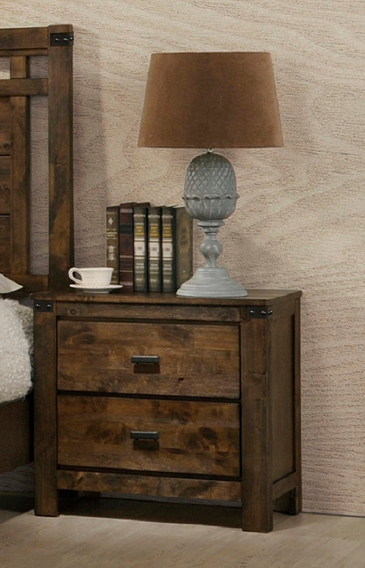 Rustic solid wood nightstand with two drawers and antique black hardware