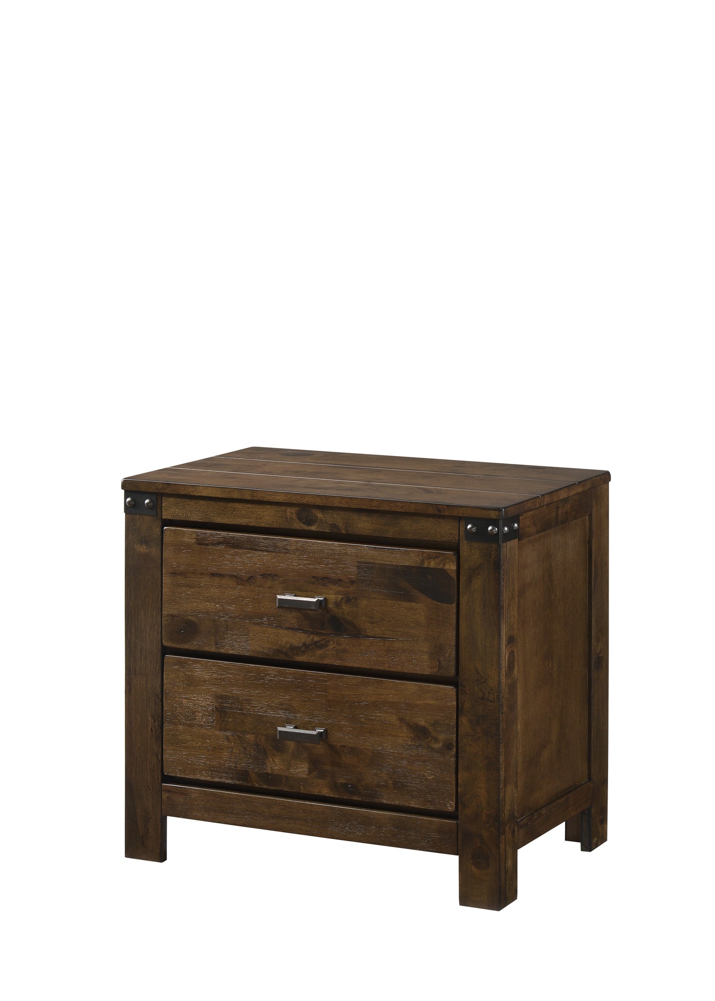 Rustic brown twodrawer wood nightstand with metal accents