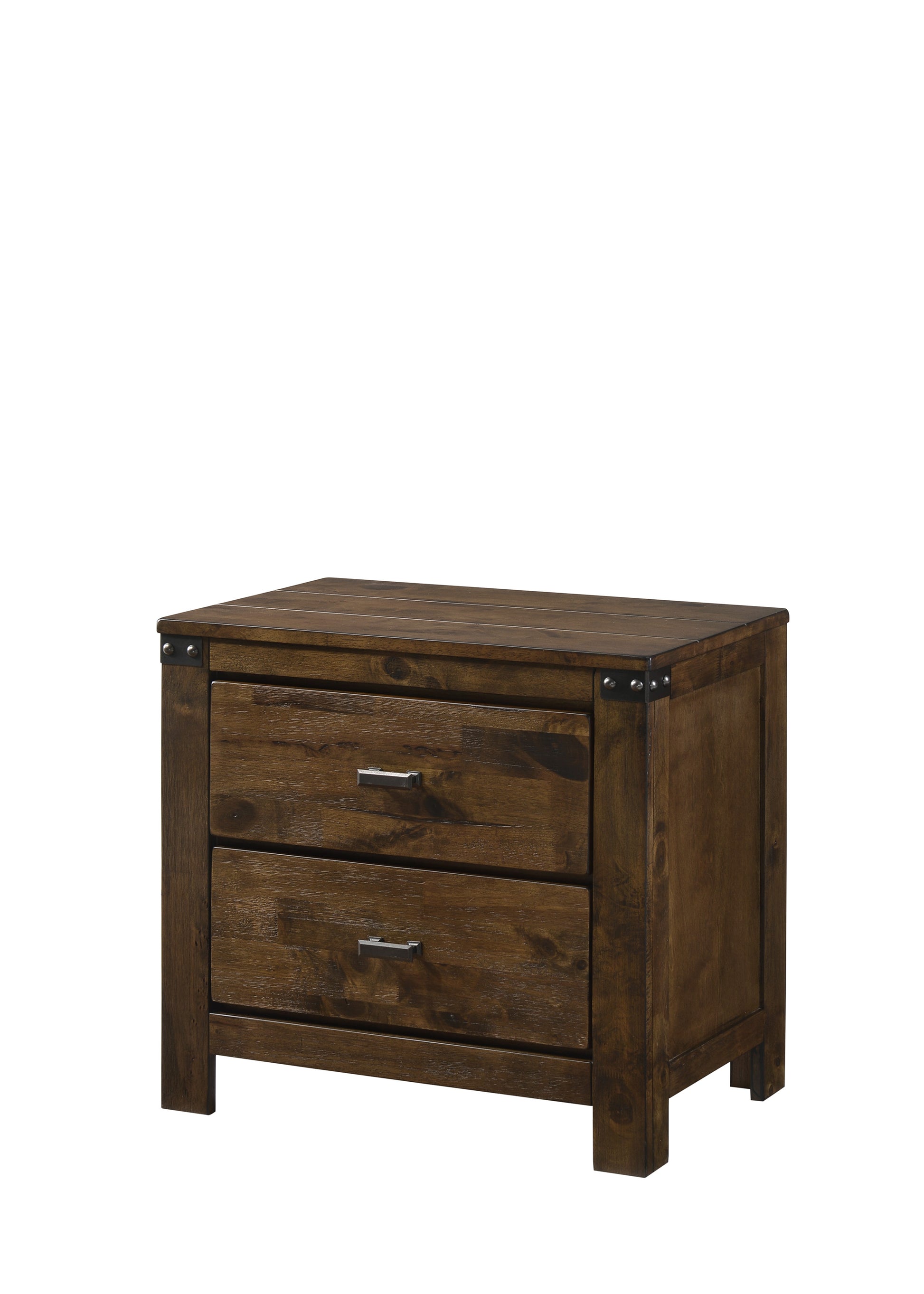 Rustic brown twodrawer wood nightstand with metal accents