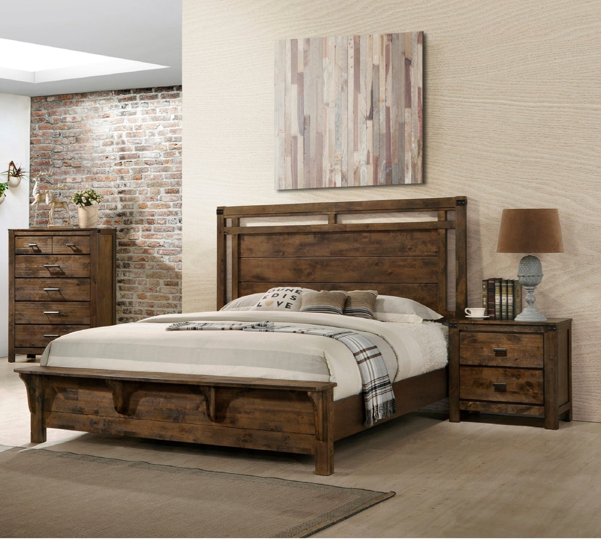 Rustic wooden king bed frame with distressed finish and horizontal headboard panels
