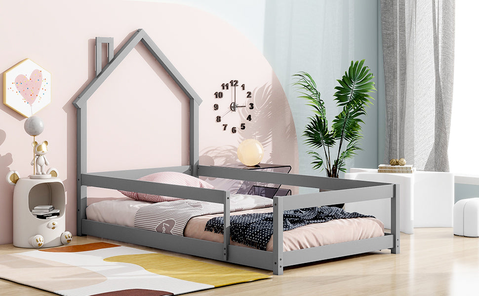 Grey wooden twin house bed frame with protective rails perfect for toddler