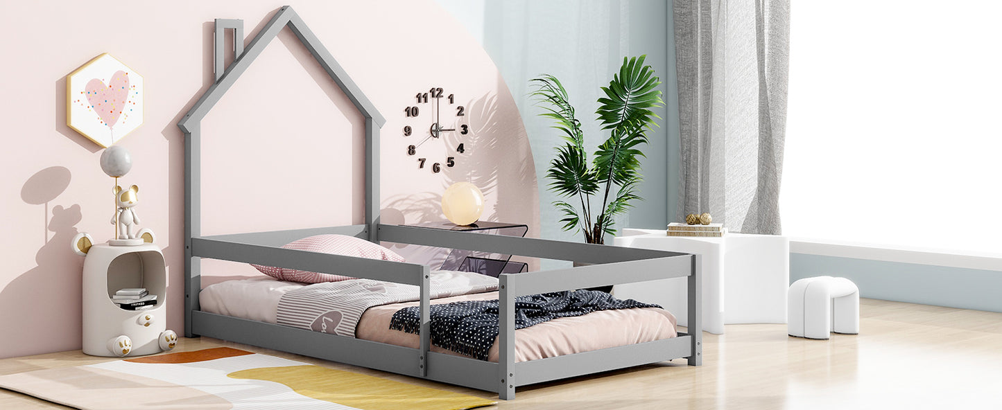 Gray wooden house bed frame with protective rails for kids