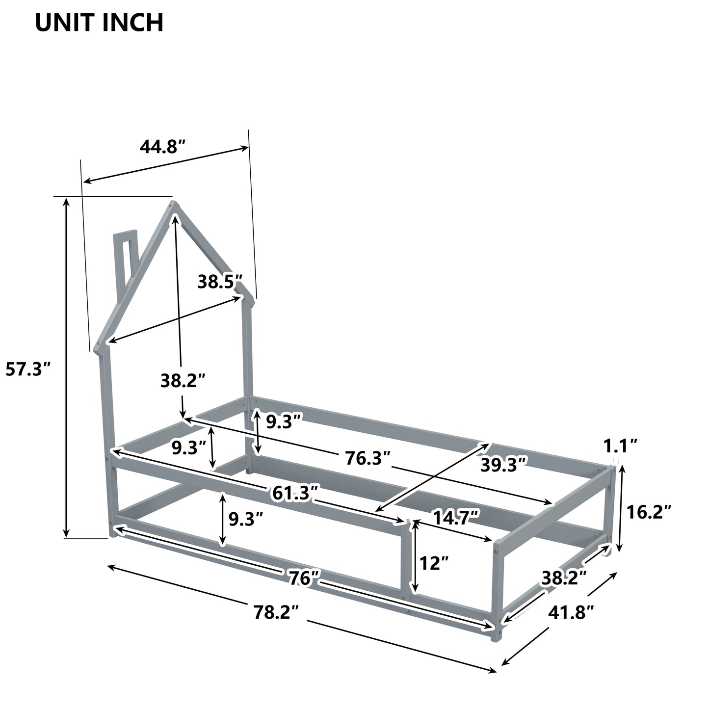 Grey wooden twin house bed frame with dimension callouts for easy assembly and customization