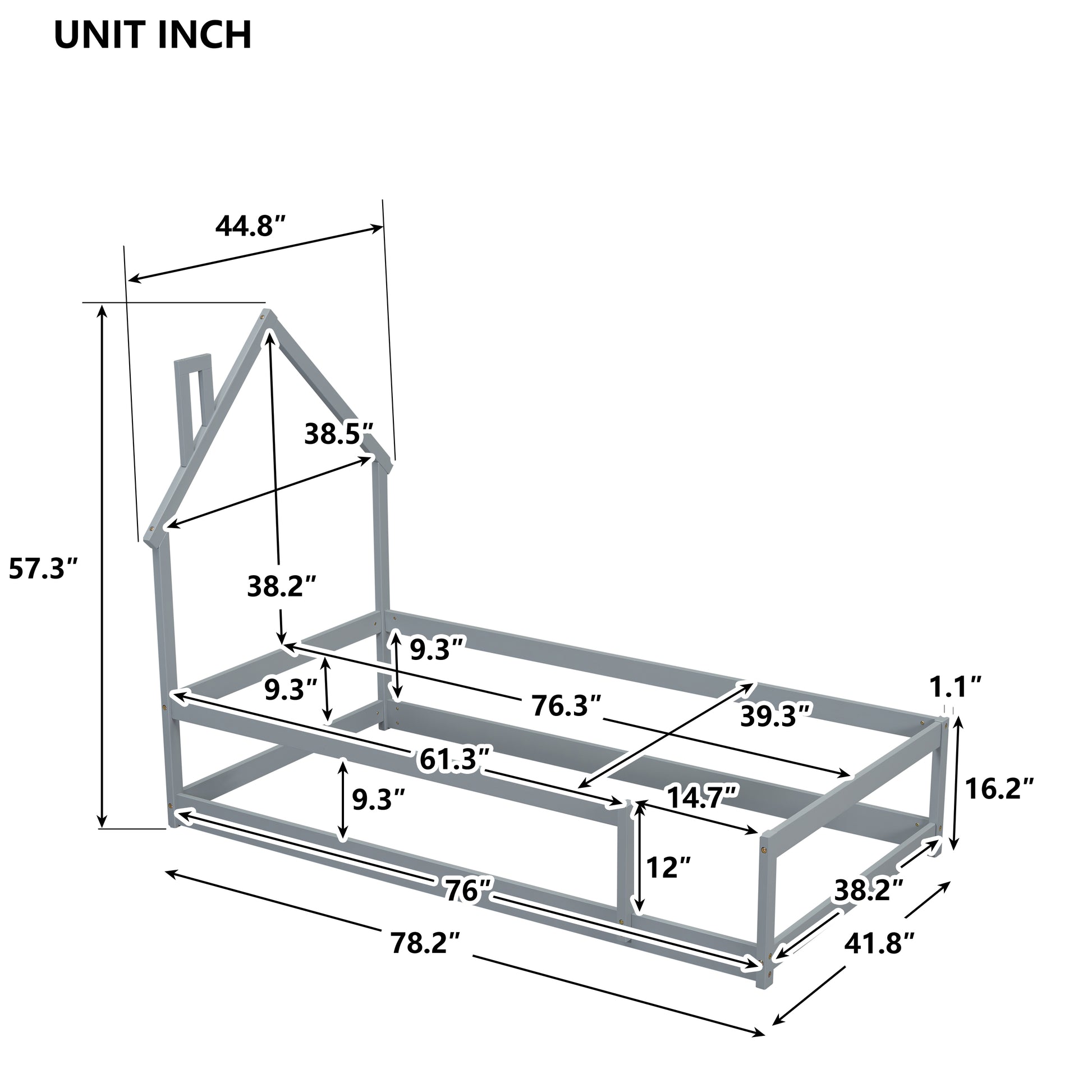 Grey wooden twin house bed frame with dimension callouts for easy assembly and customization