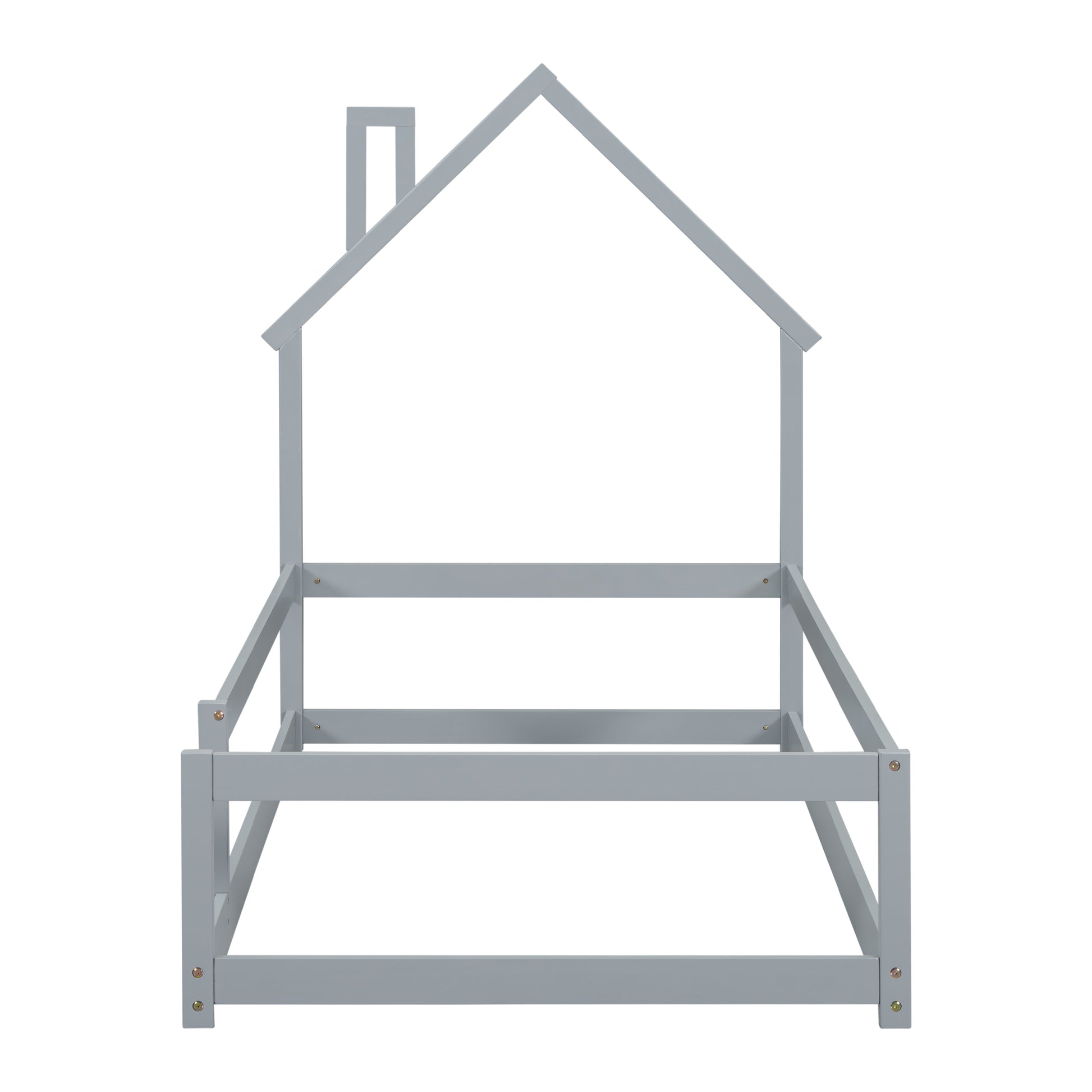 Gray wooden house bed frame with a sloped roof design