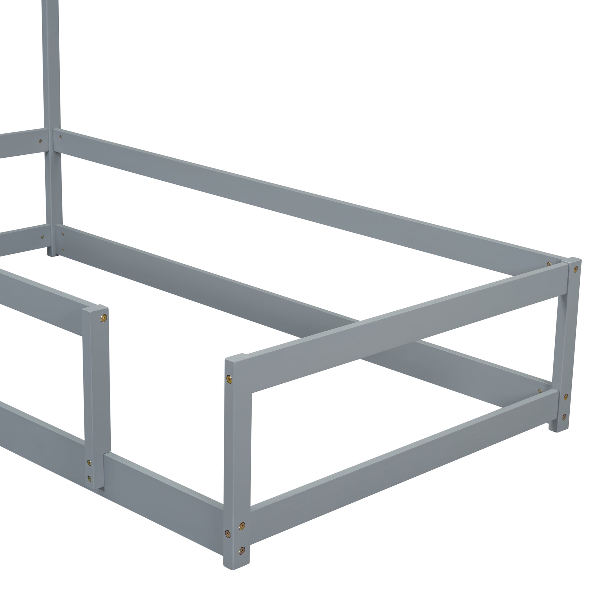 Gray wooden bed frame with canopy posts