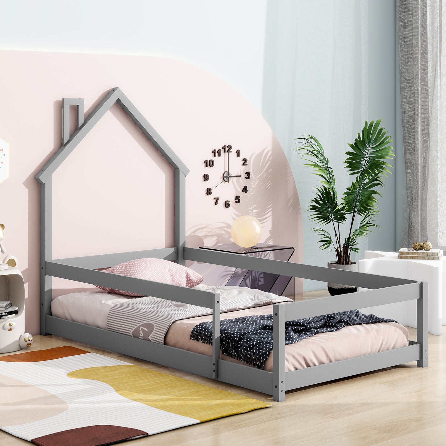 Grey wooden house bed frame with safety rails for kids room