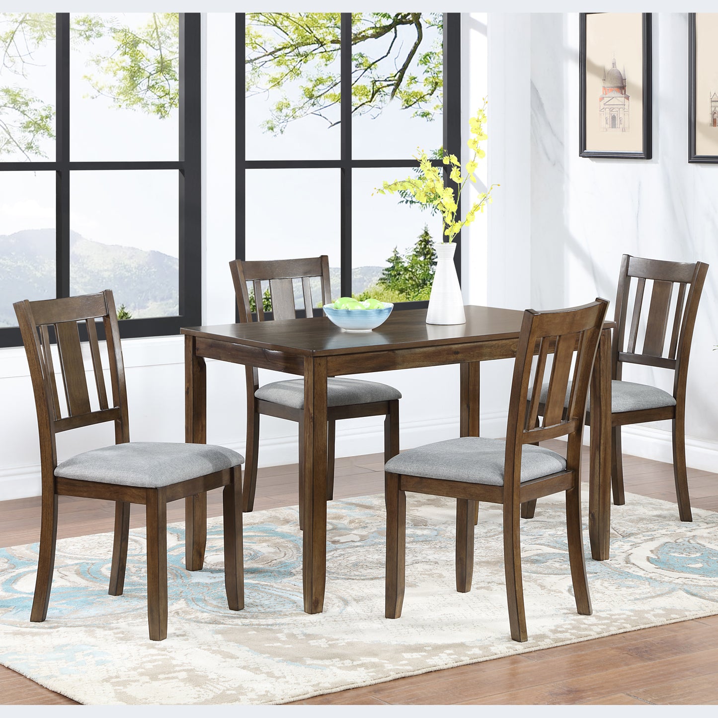 Brown wooden dining set with upholstered grey chairs