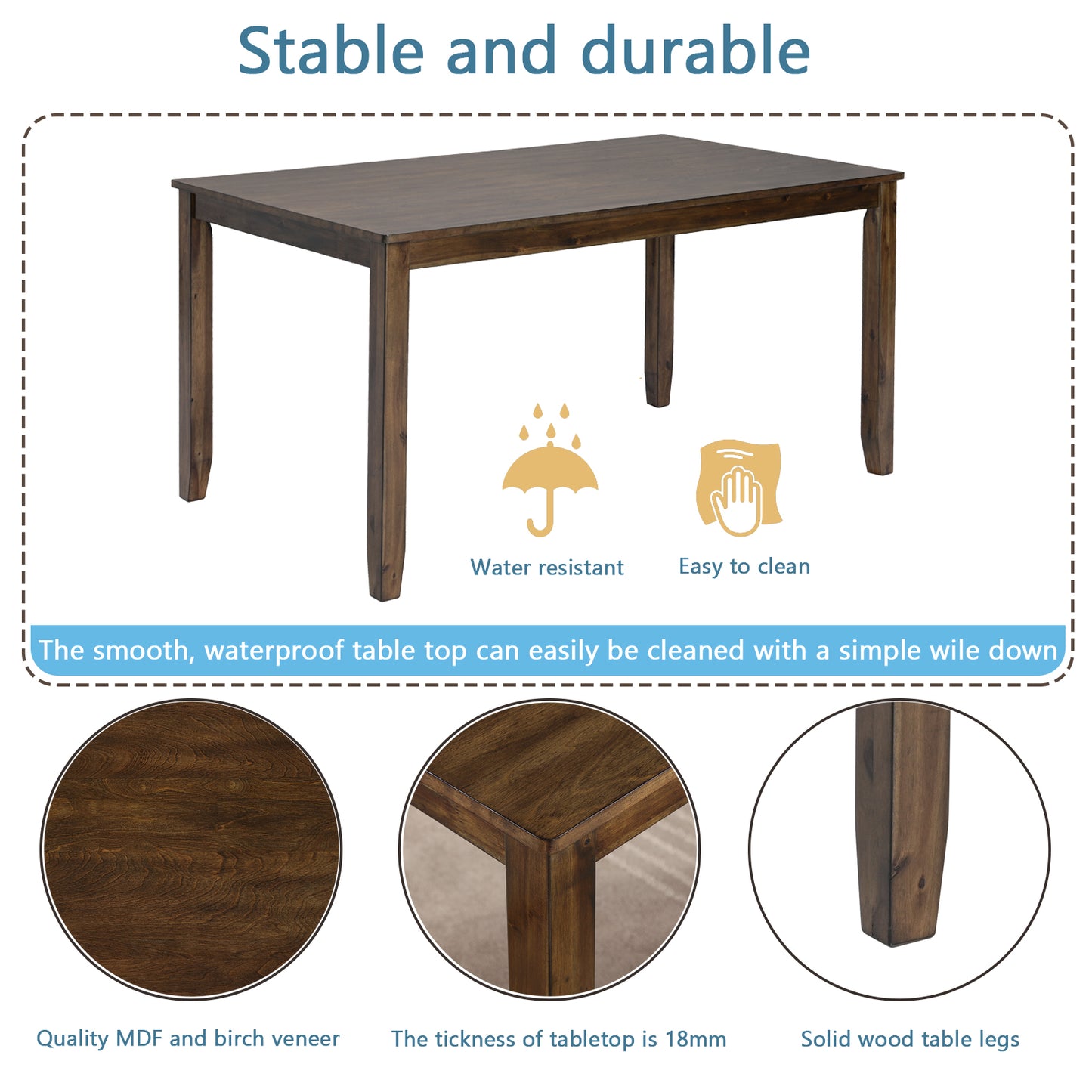 Dark brown rectangular dining table with sturdy solid wood legs