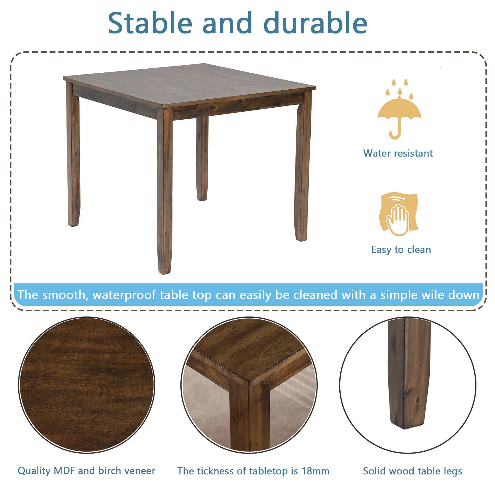 Dark wood square dining table with tapered legs