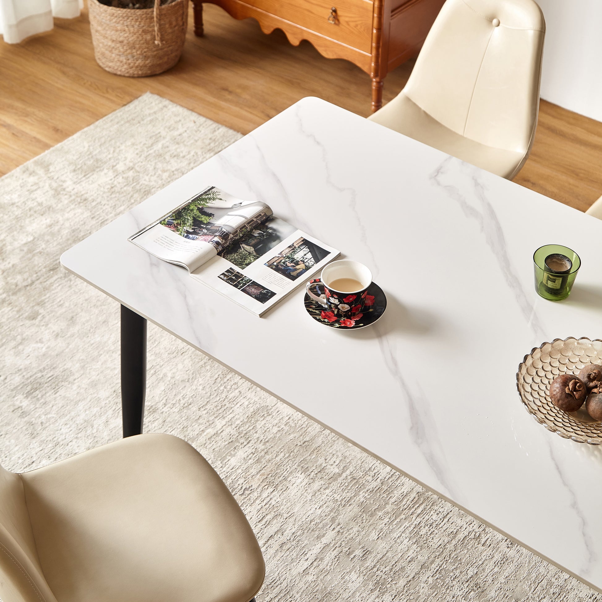 White marble dining table with black legs