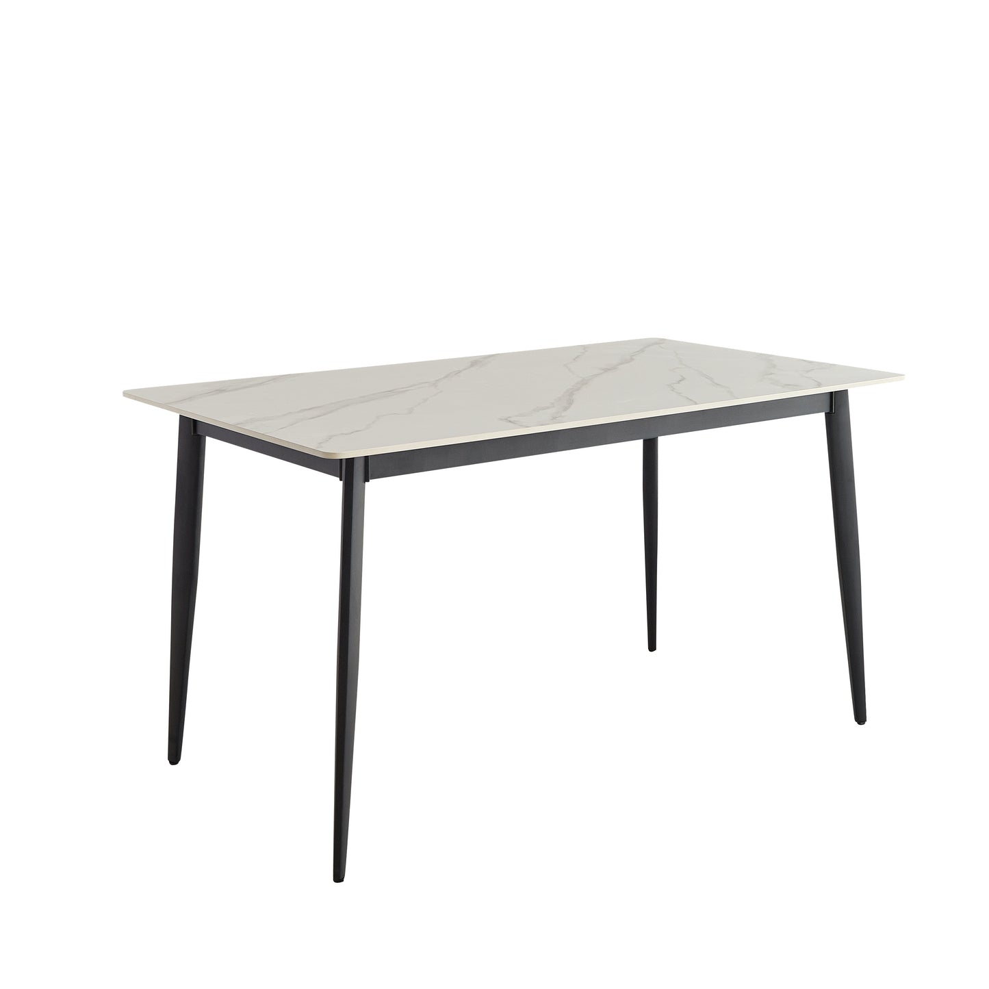 Rectangular sintered stone dining table with white marble pattern and black metal legs