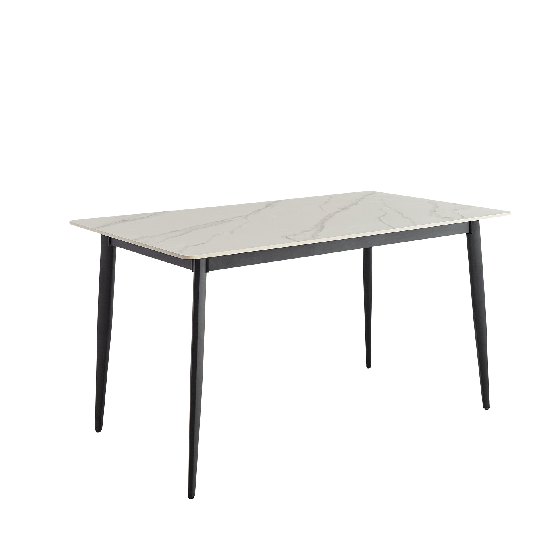 Rectangular sintered stone dining table with white marble pattern and black metal legs