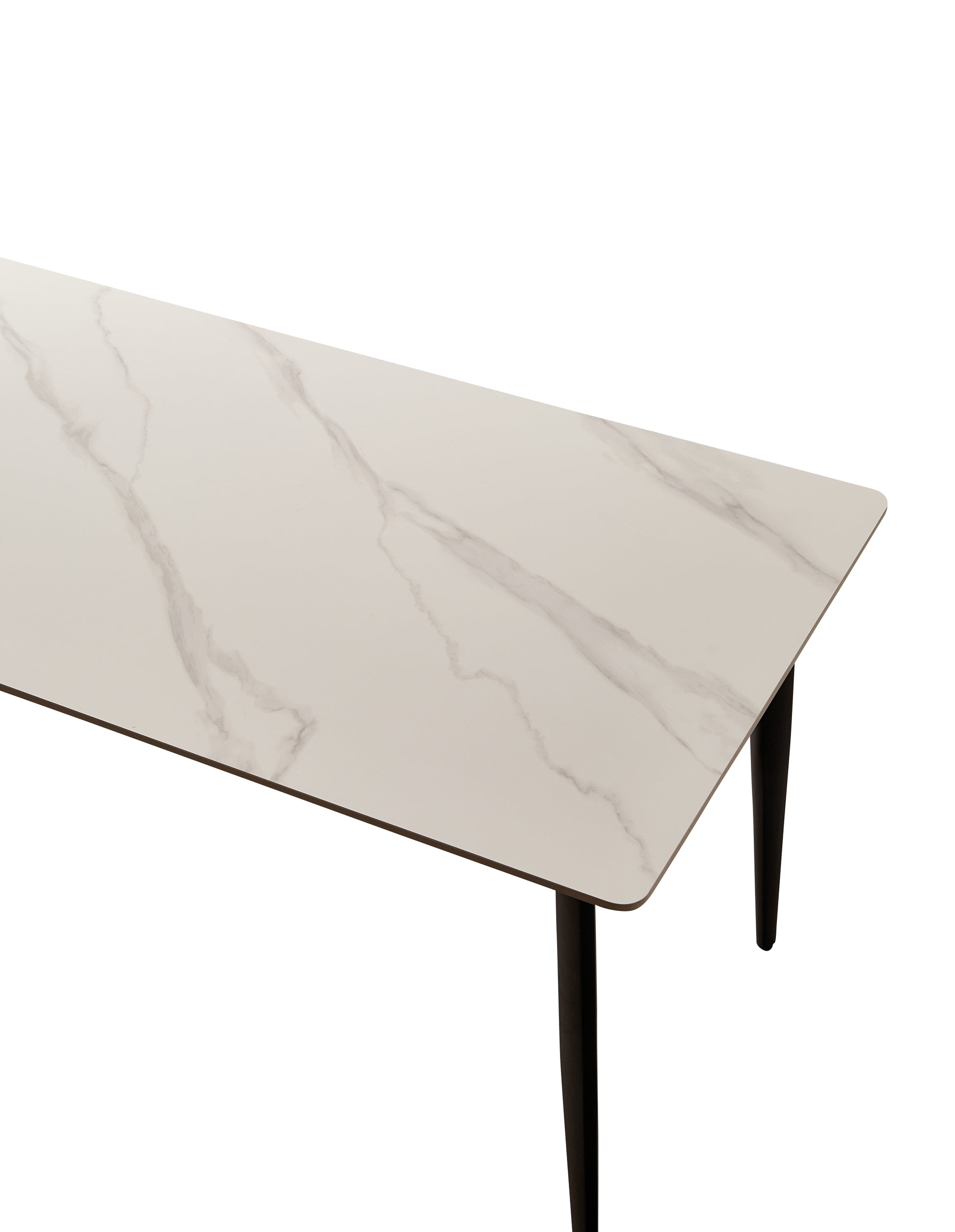 Modern dining table with white marblelook ceramic top and tapered black legs