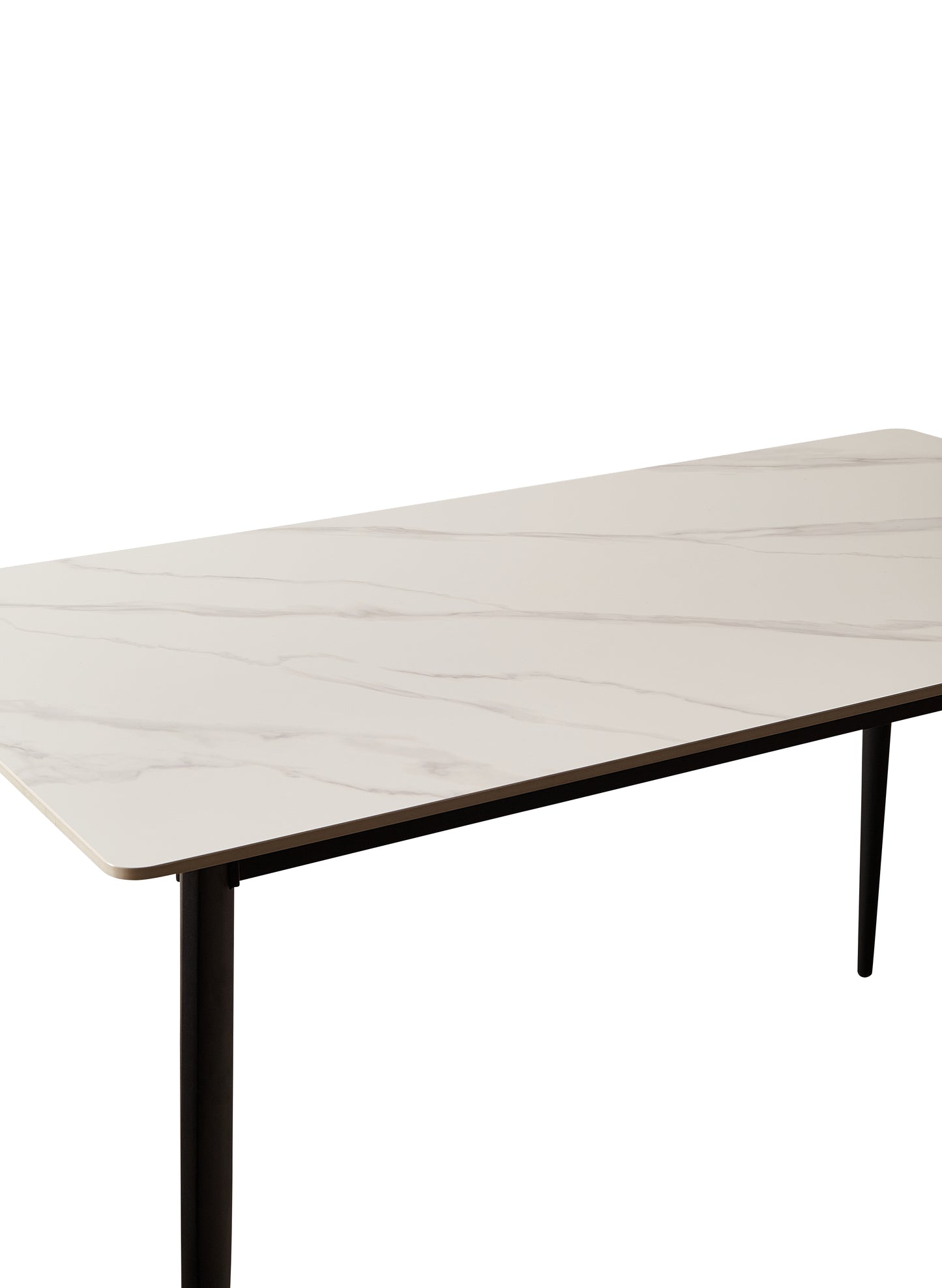 Modern white marble dining table with black metal legs