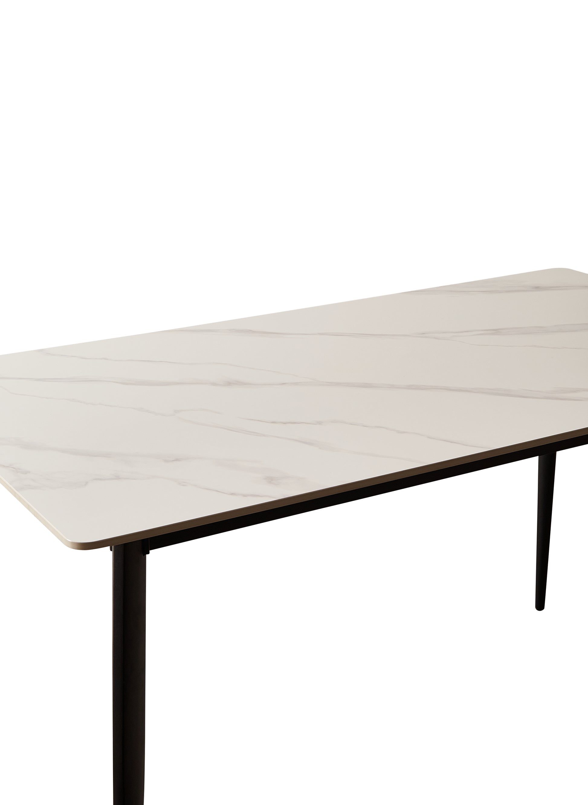 Modern white marble dining table with black metal legs