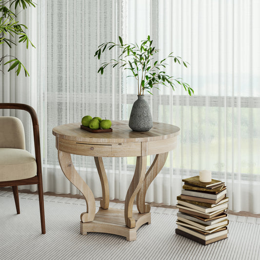 Rustic light wood round accent table with carved legs