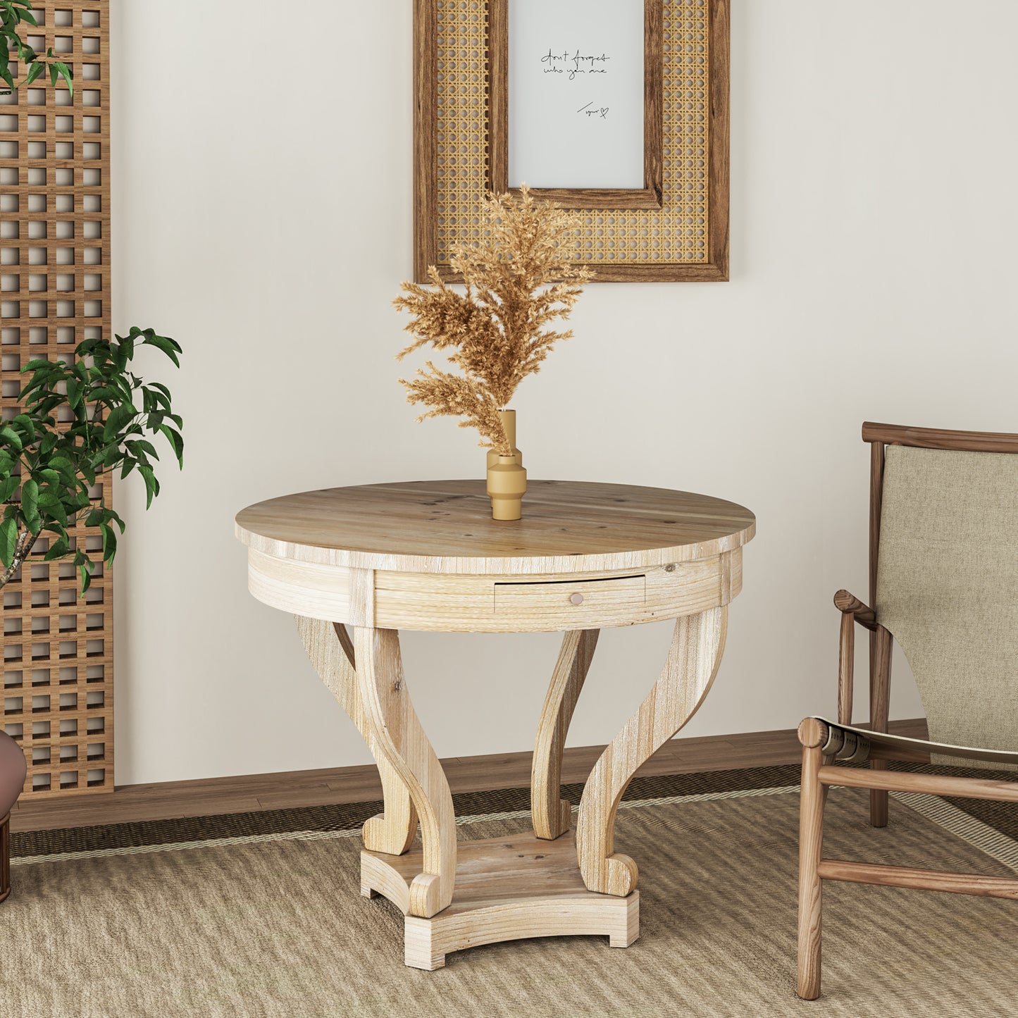 Light oak round accent table with single drawer and curved legs