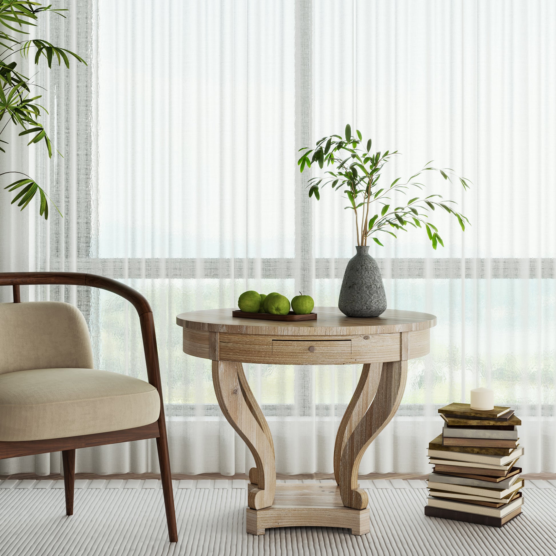 Light wood round accent table with drawer