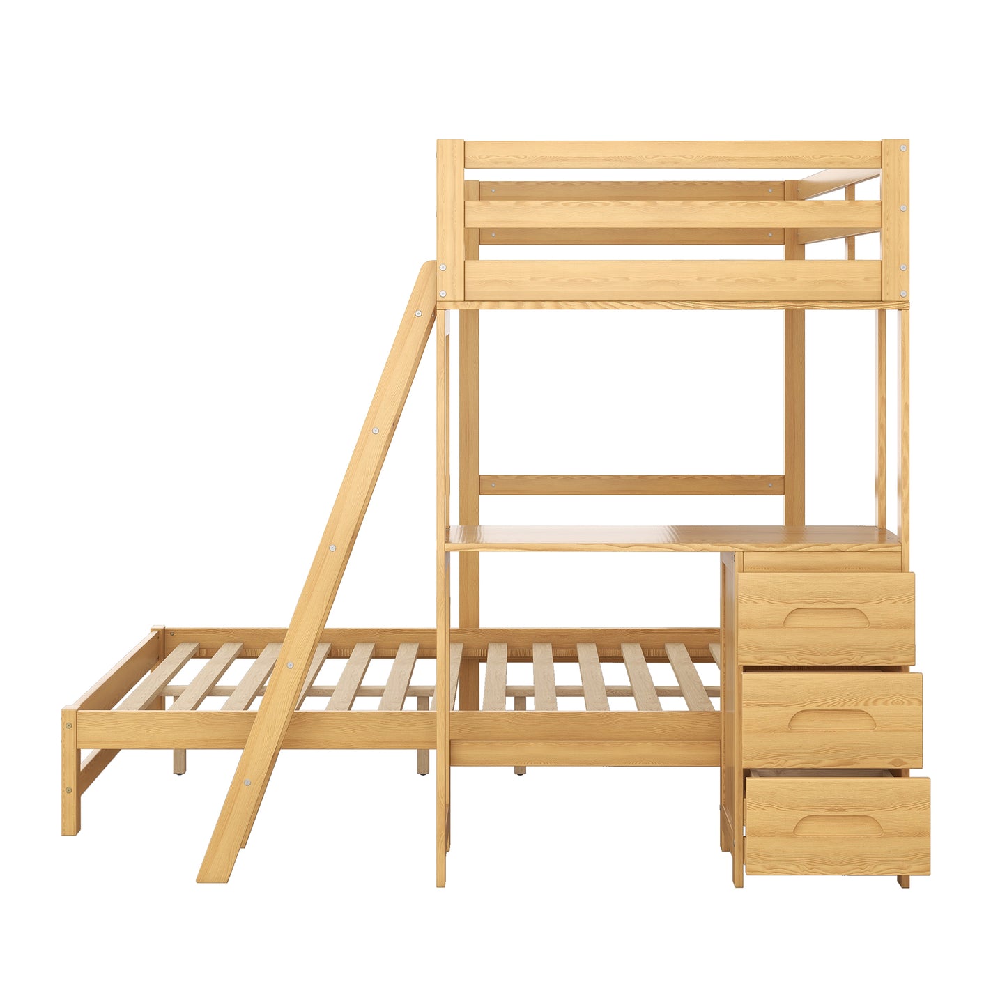 Solid wood bunk bed with desk and drawers