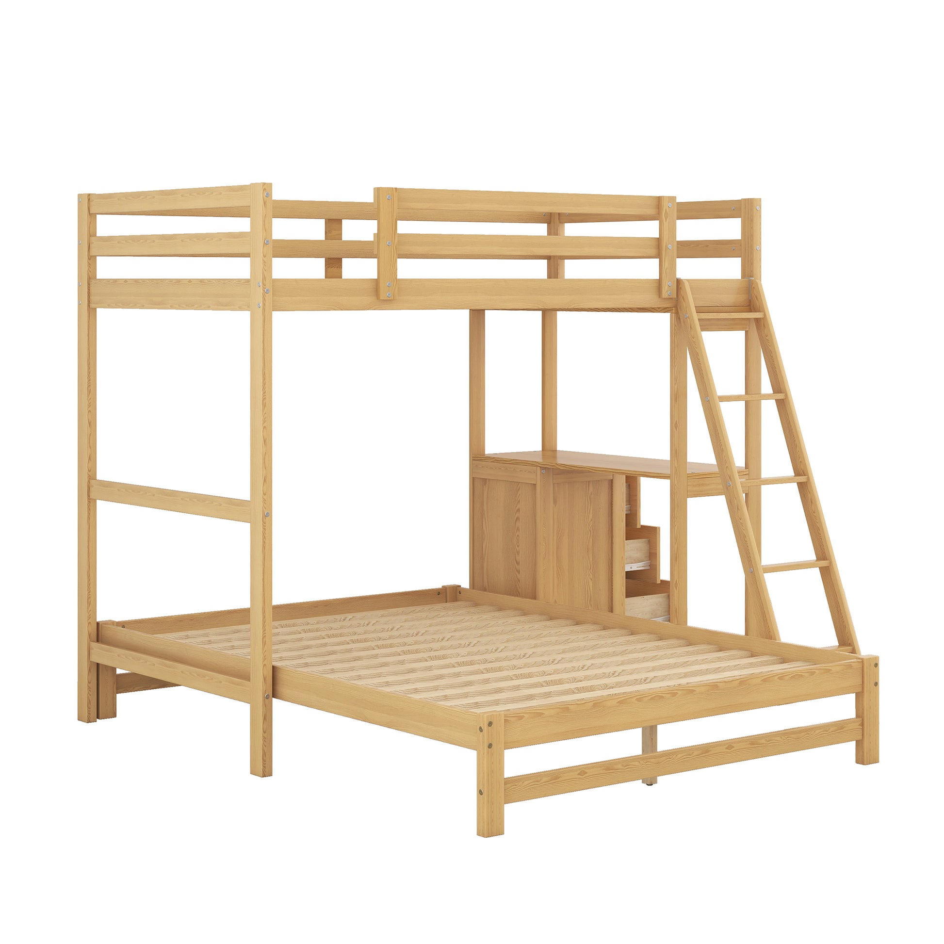 Natural wood bunk bed with integrated desk and drawers