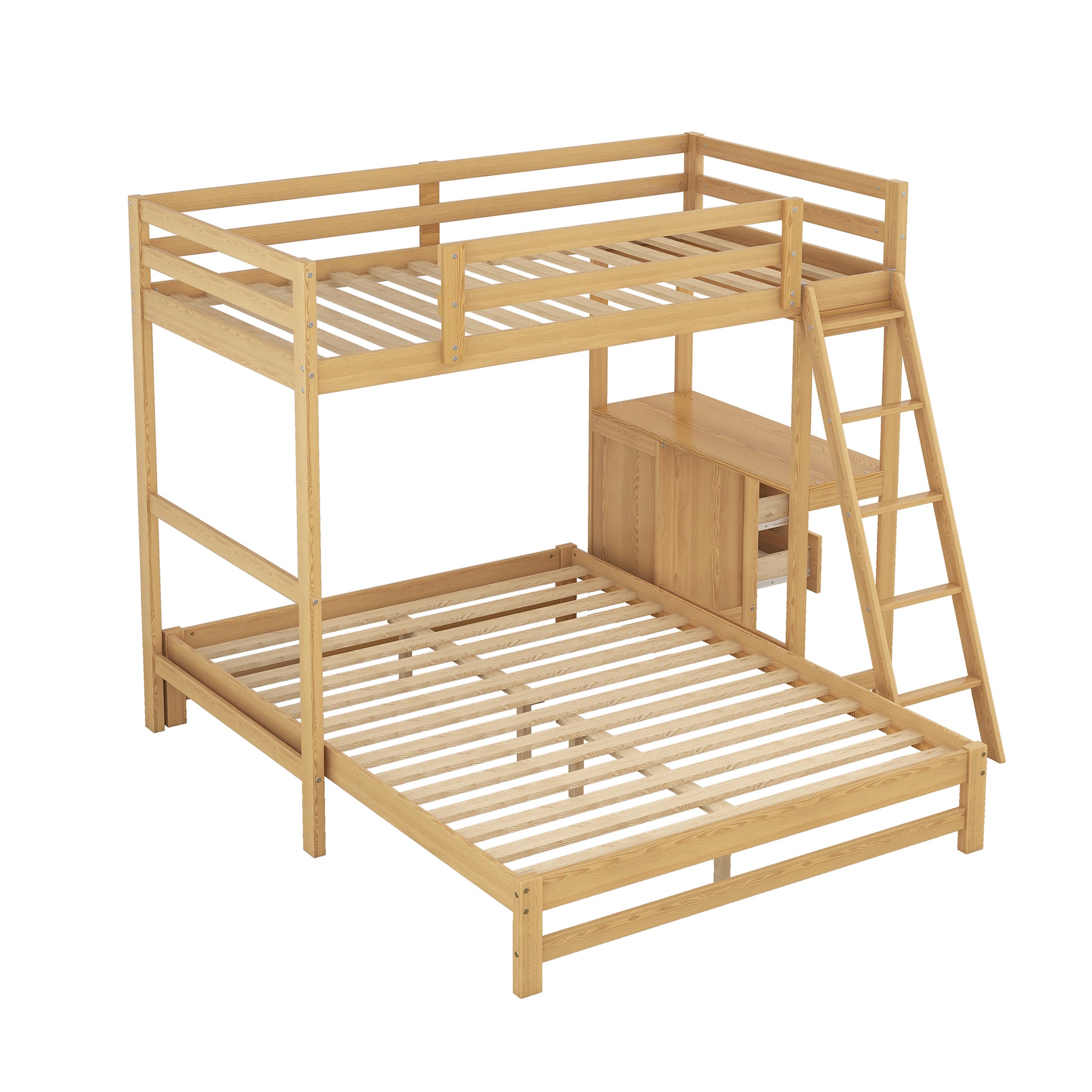 Natural wood twin loft bed with integrated desk and storage