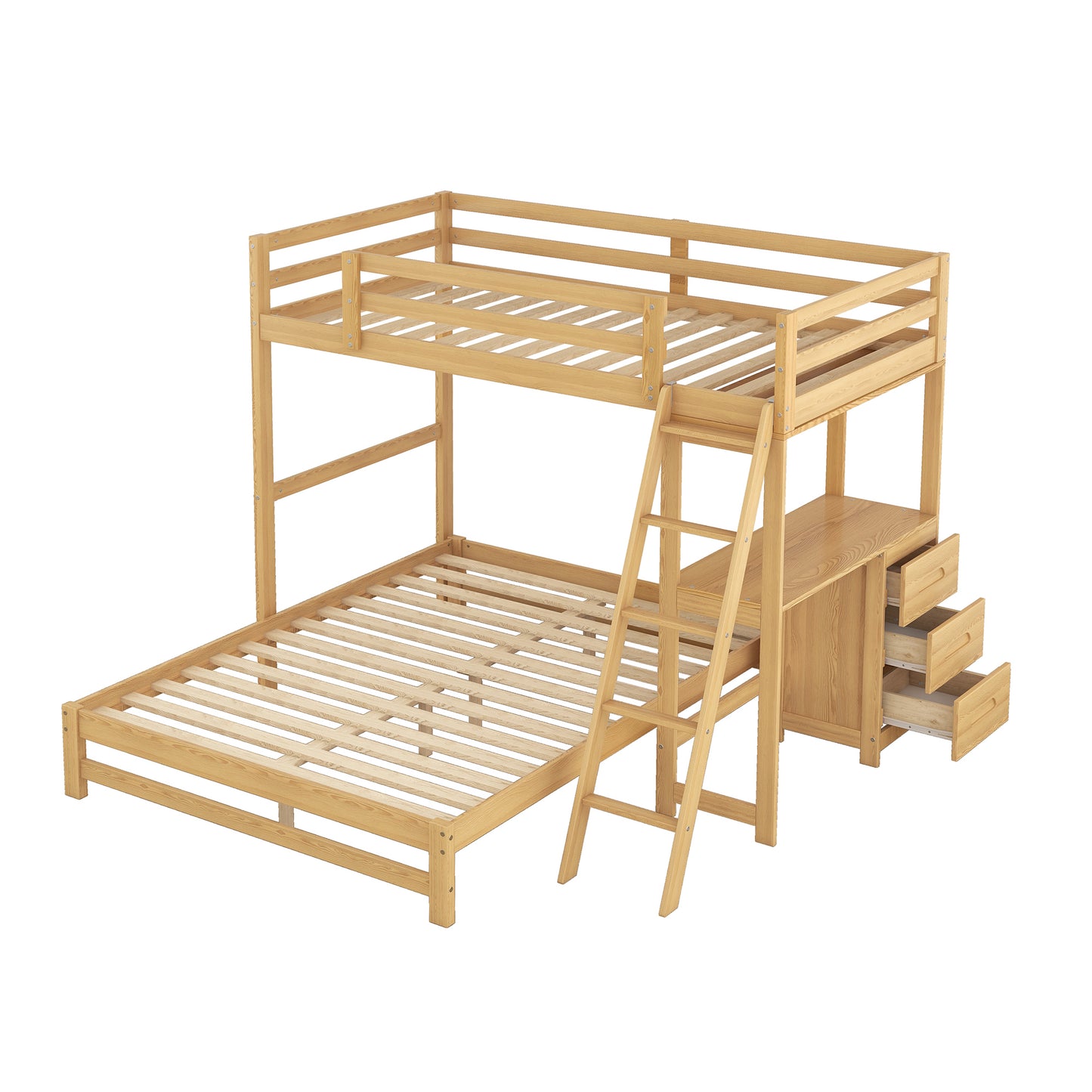 Natural wood twin over twin bunk bed with desk and drawers