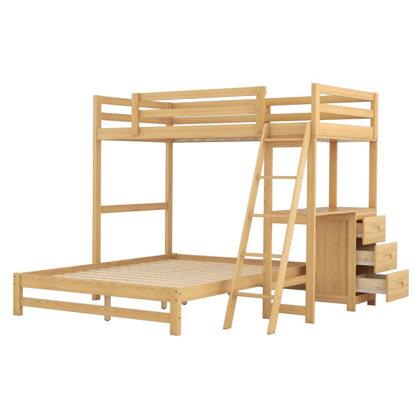 Natural wood bunk bed with desk and storage drawers