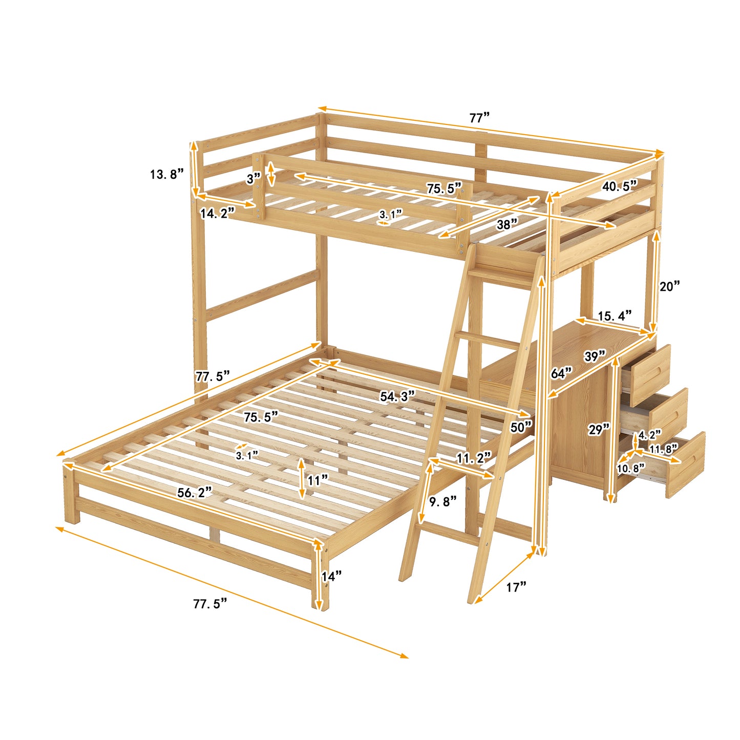 Natural wood finish bunk bed with integrated drawers and ladder