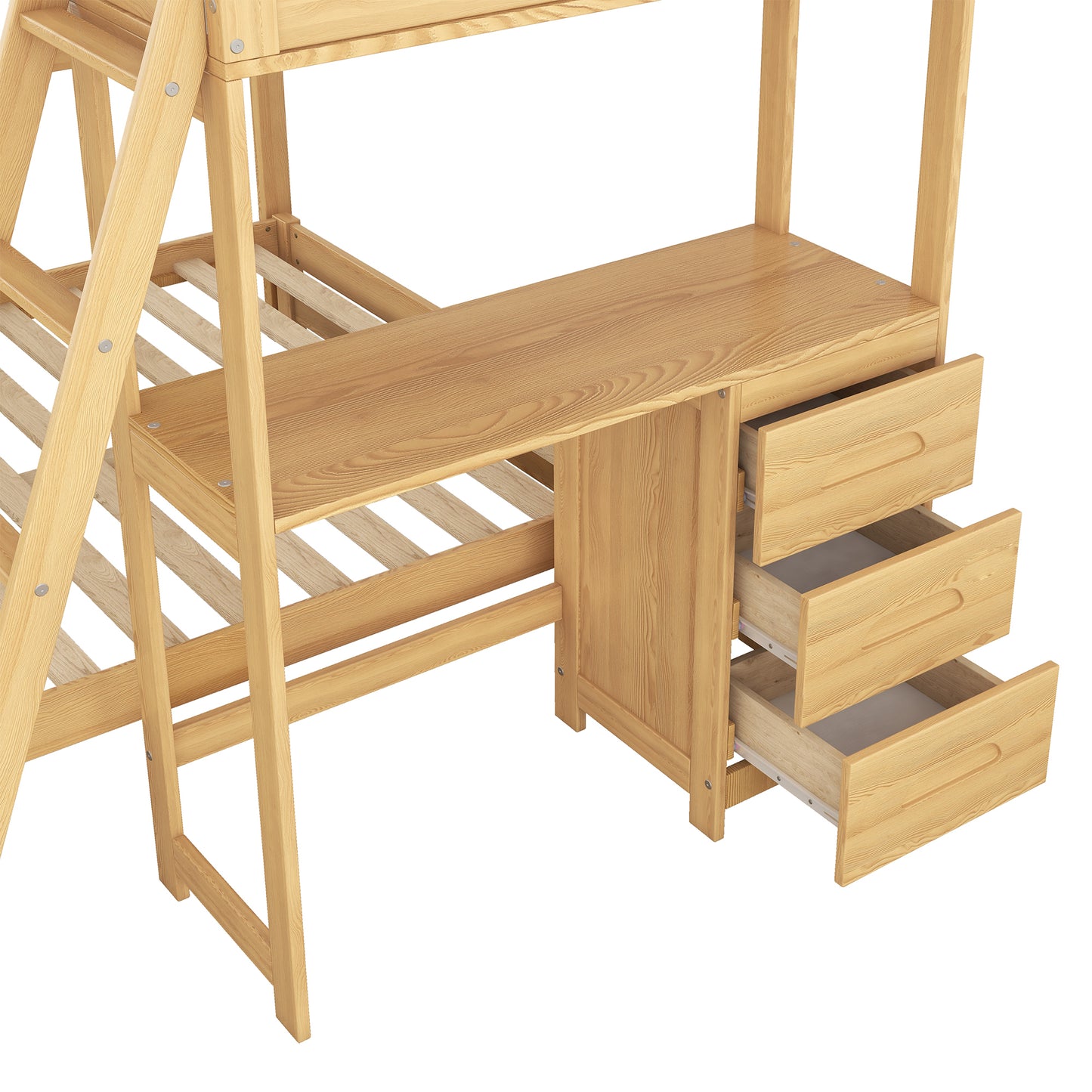 Natural wood bunk bed with integrated desk and three drawers