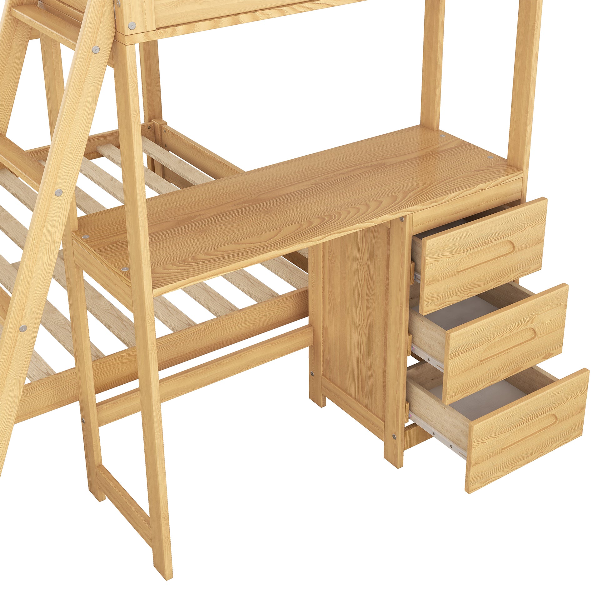 Natural wood bunk bed with integrated desk and three drawers