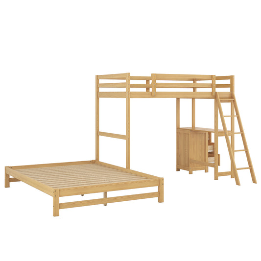 Natural wood loft bed with integrated desk and ladder