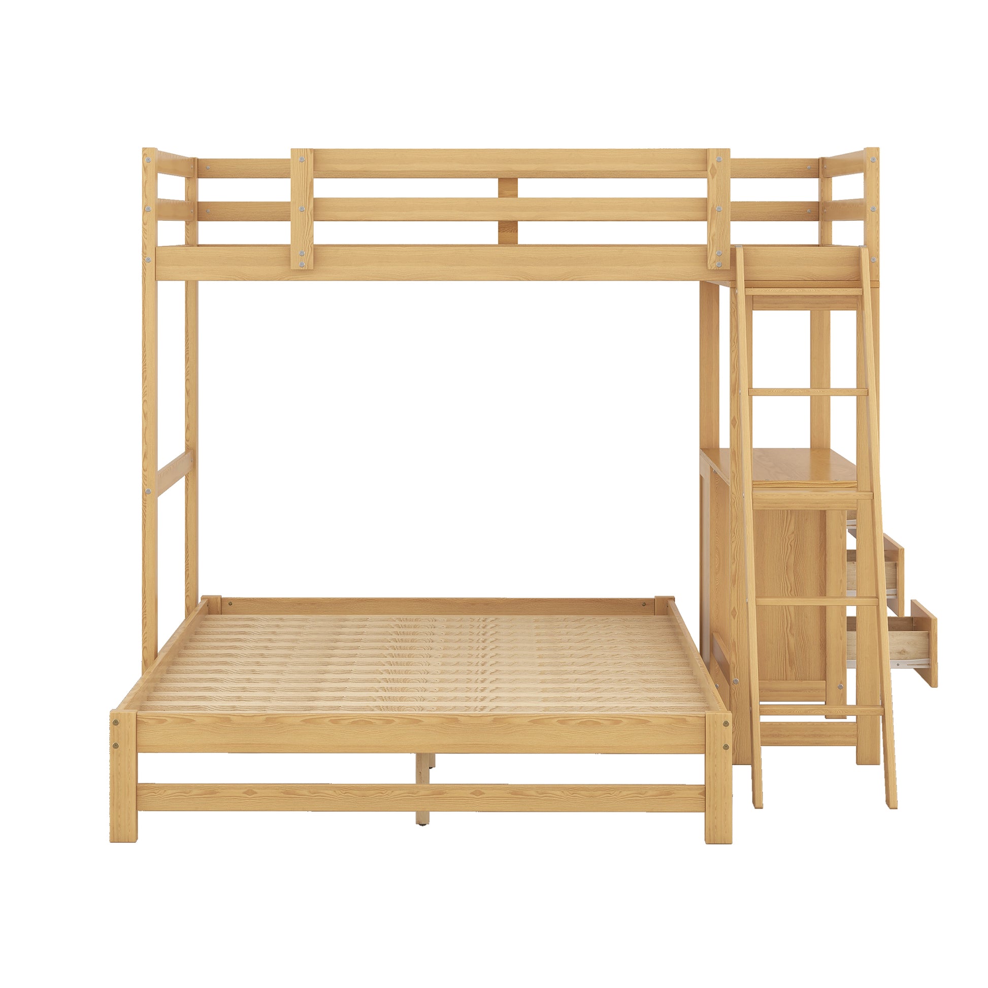 Natural pine wood bunk bed with integrated desk and drawers
