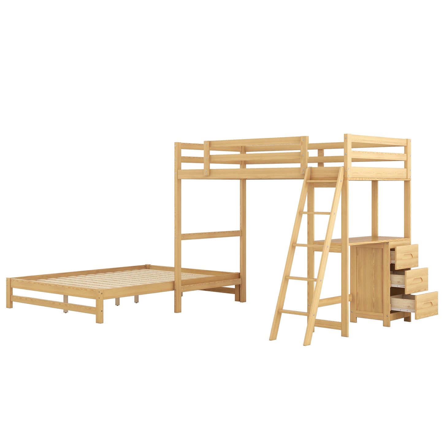 Natural wood loft bed with integrated desk and drawers