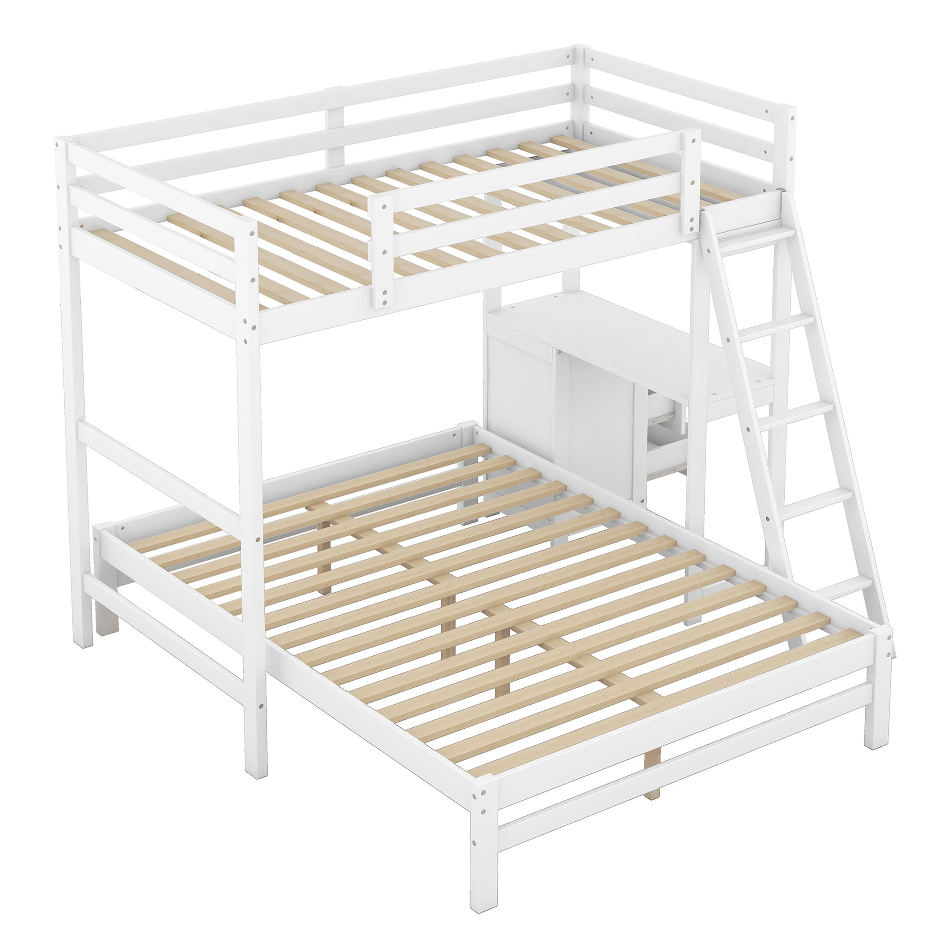 White wooden bunk bed with desk and ladder