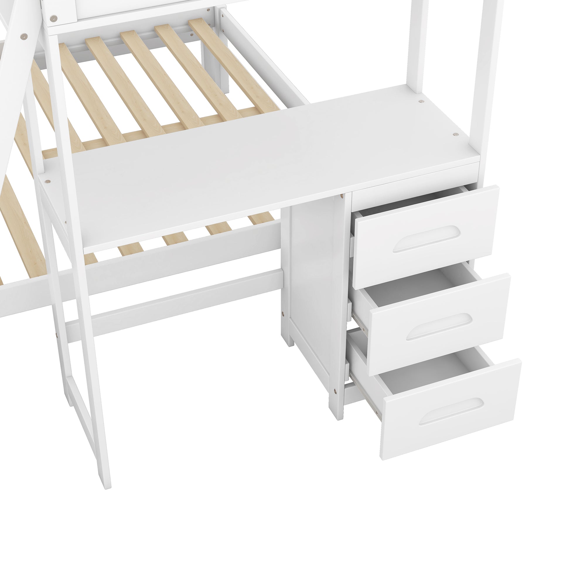 White bunk bed frame with integrated desk and three drawers