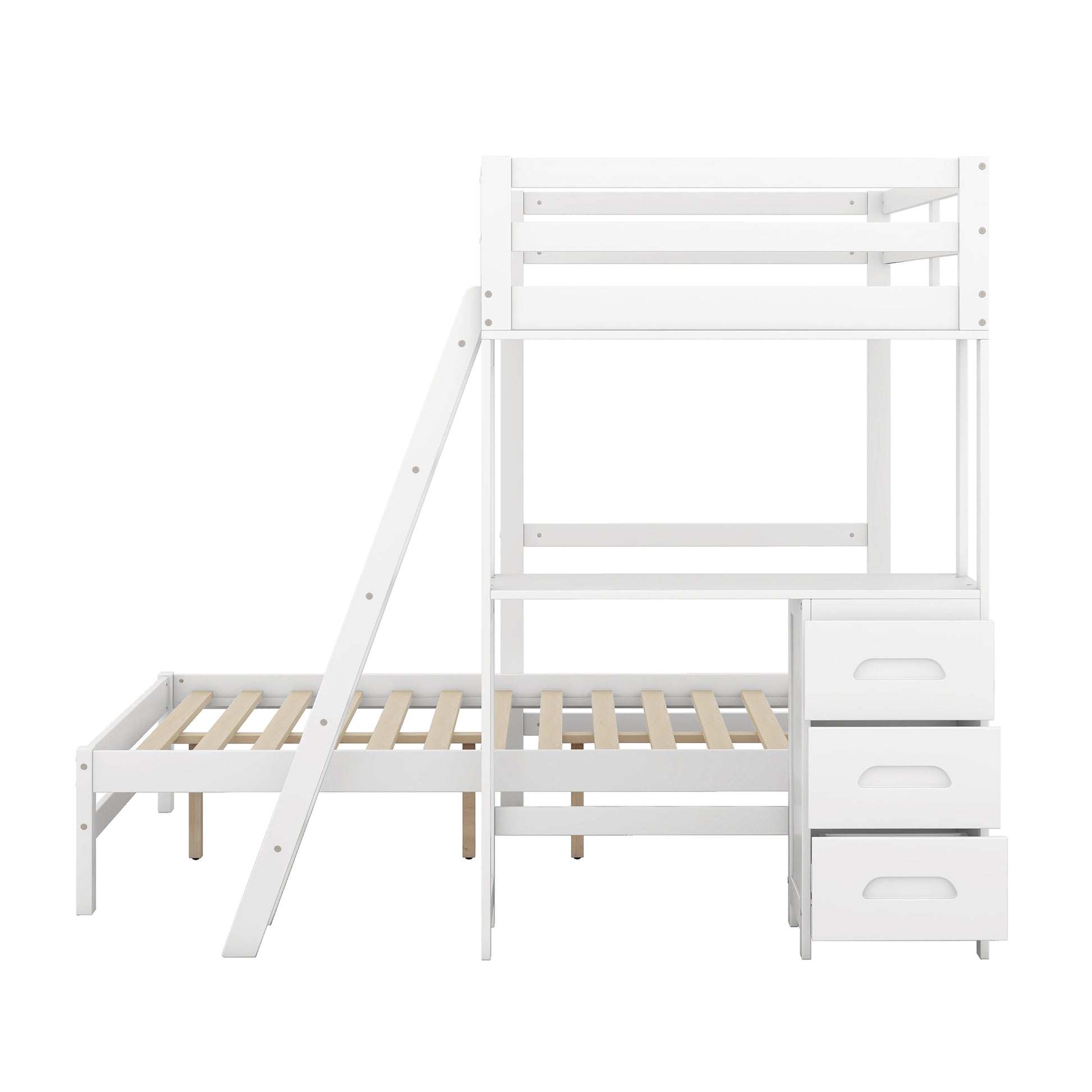 White wooden loft bed with desk and drawers