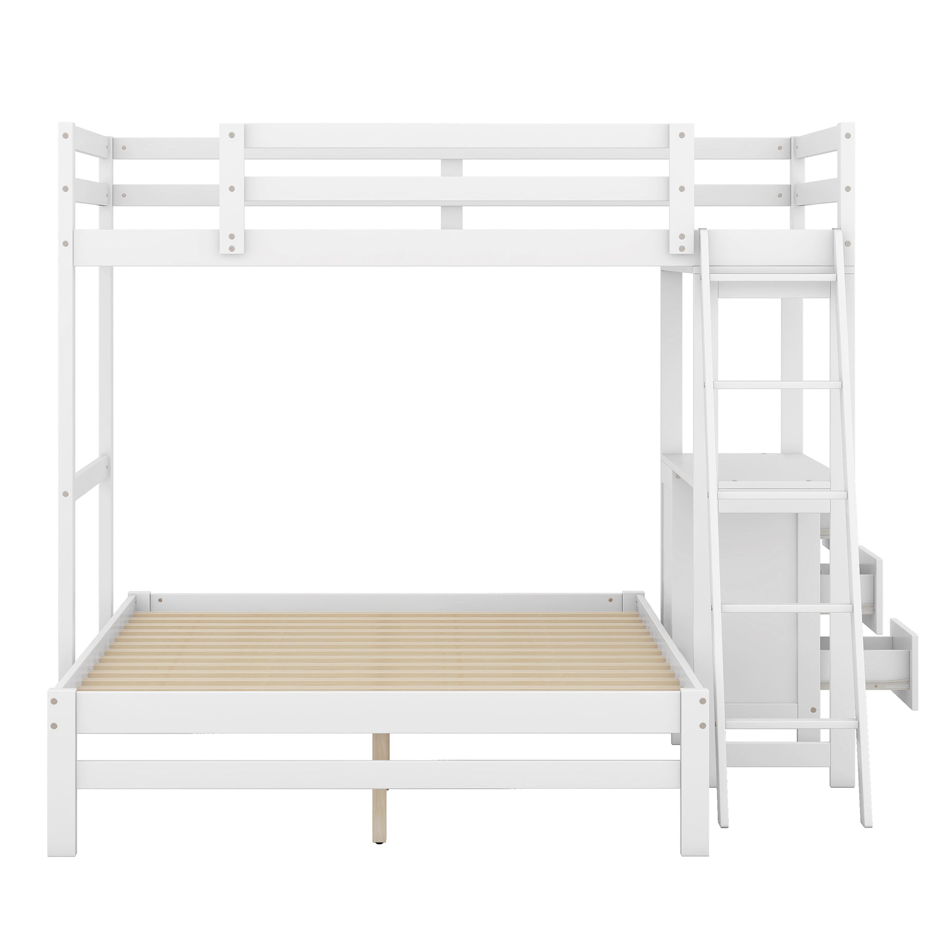 White wooden bunk bed with desk and stairs