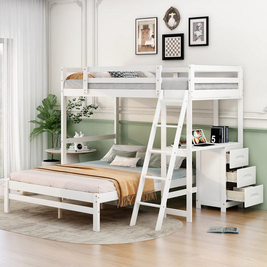 White wood bunk bed with desk and storage drawers