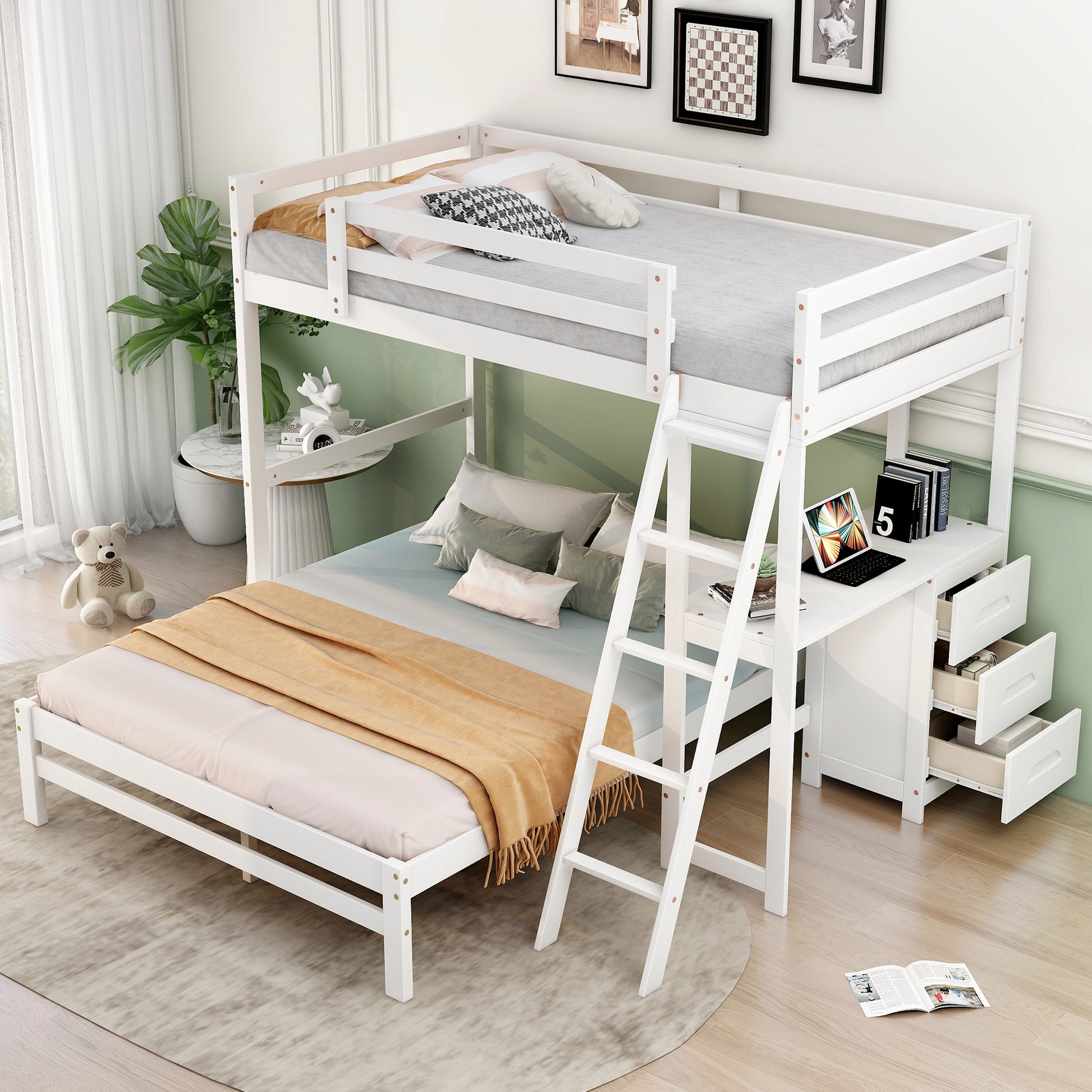 White wooden loft bed with integrated desk and ladder