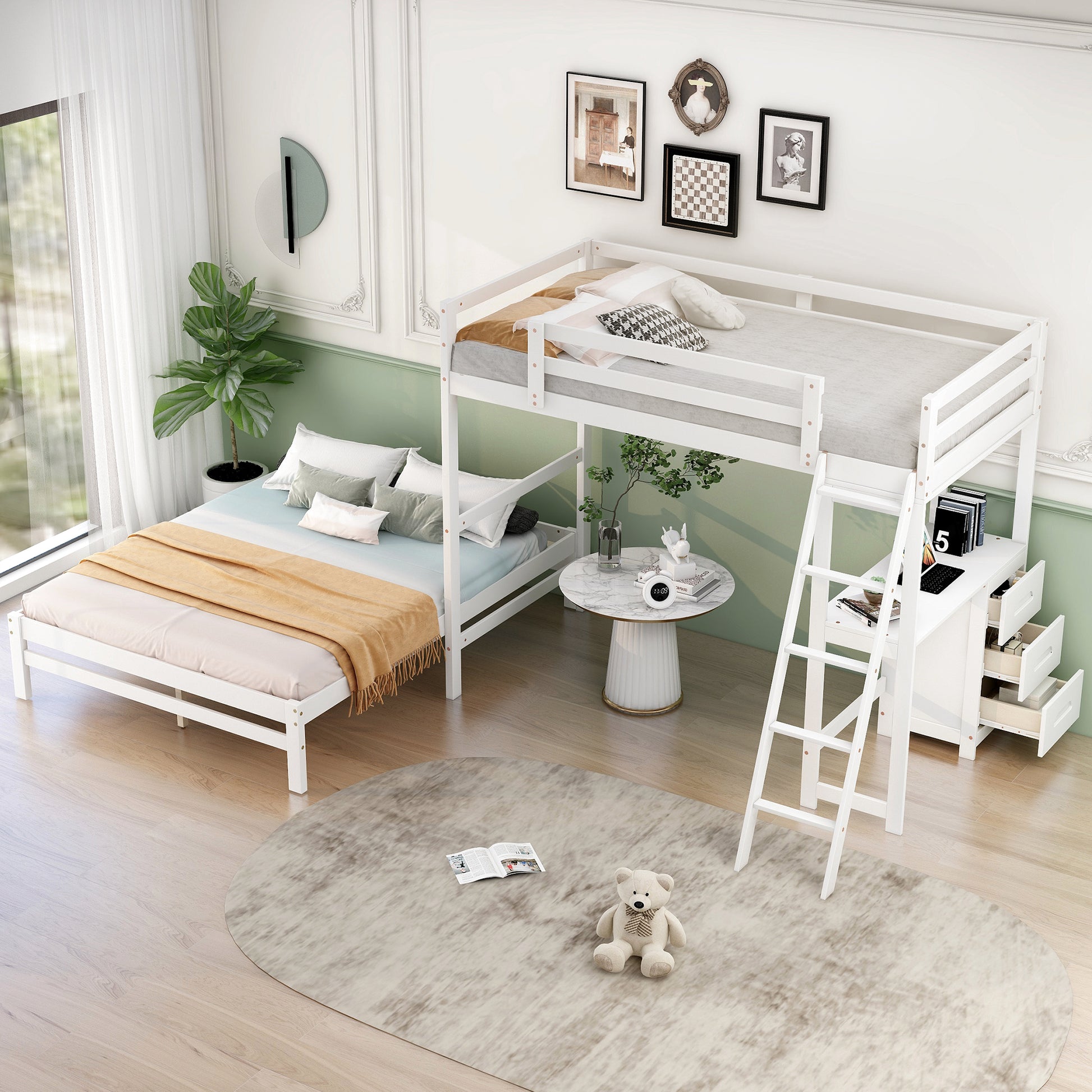 White wooden loft bed with integrated desk and twin mattress ideal for small bedrooms
