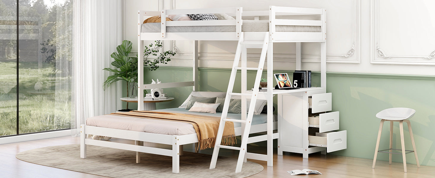White wooden bunk bed with desk and drawers for kids