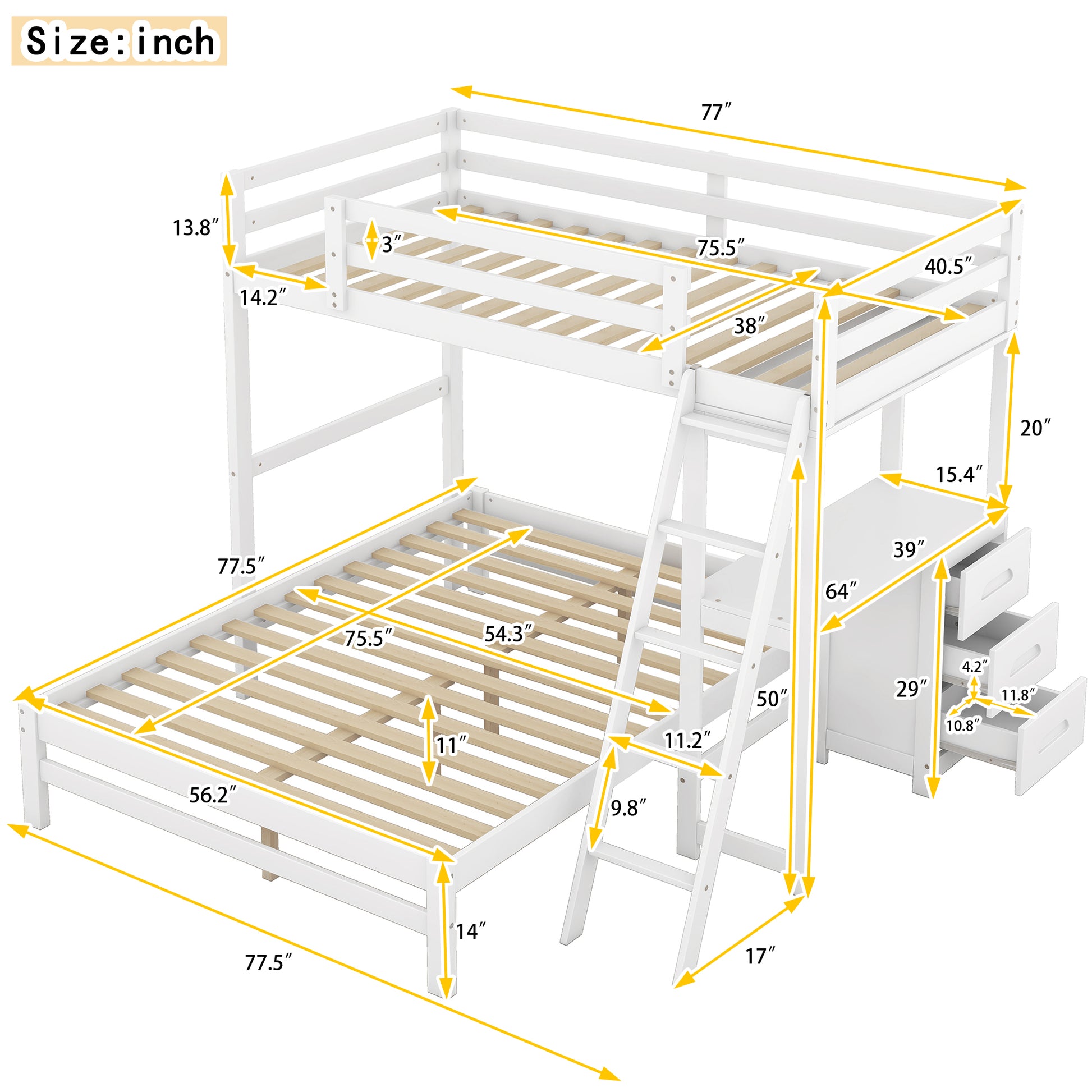 White twinovertwin bunk bed with integrated drawers and ladder