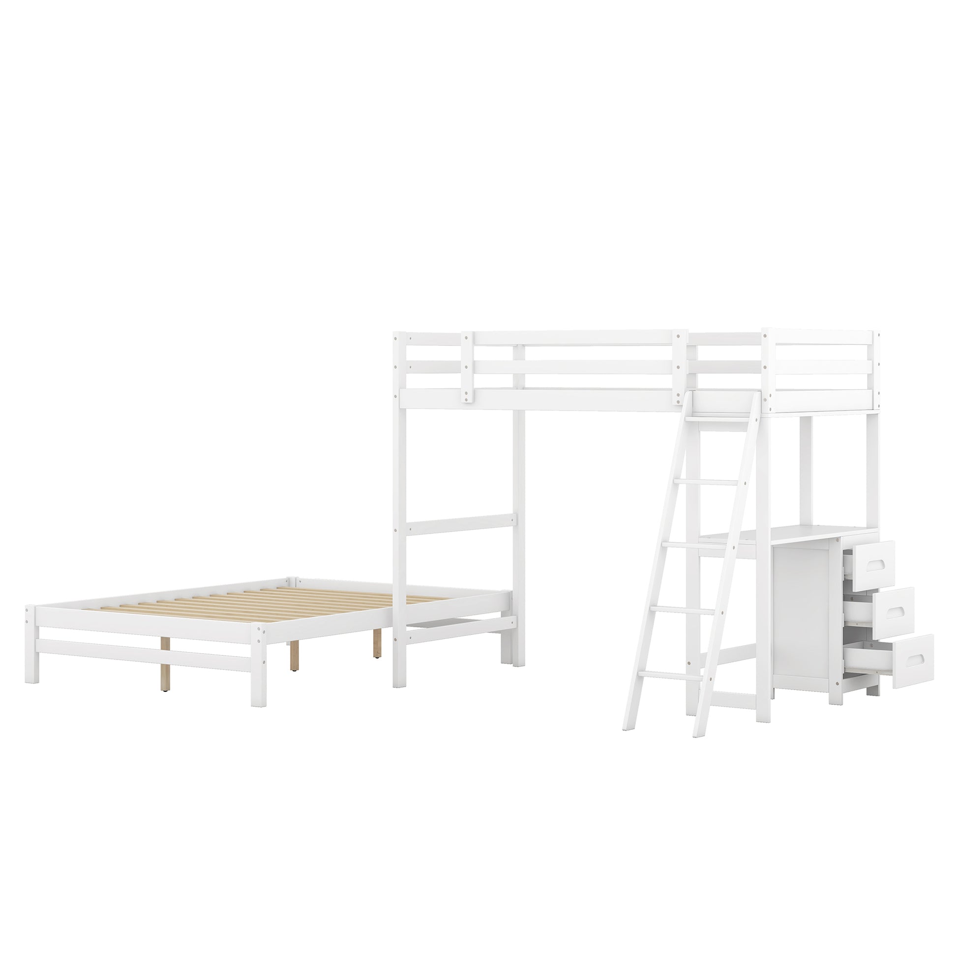 White wooden loft bed with integrated desk and drawers