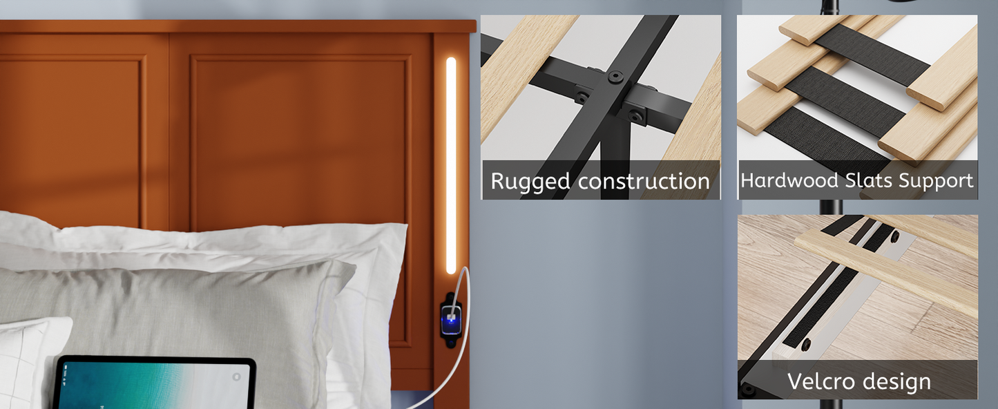 Orange upholstered headboard with integrated LED light strip and USB charger