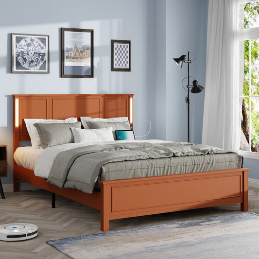 Orange wooden platform bed frame with integrated LED headboard lighting and USB charging ports